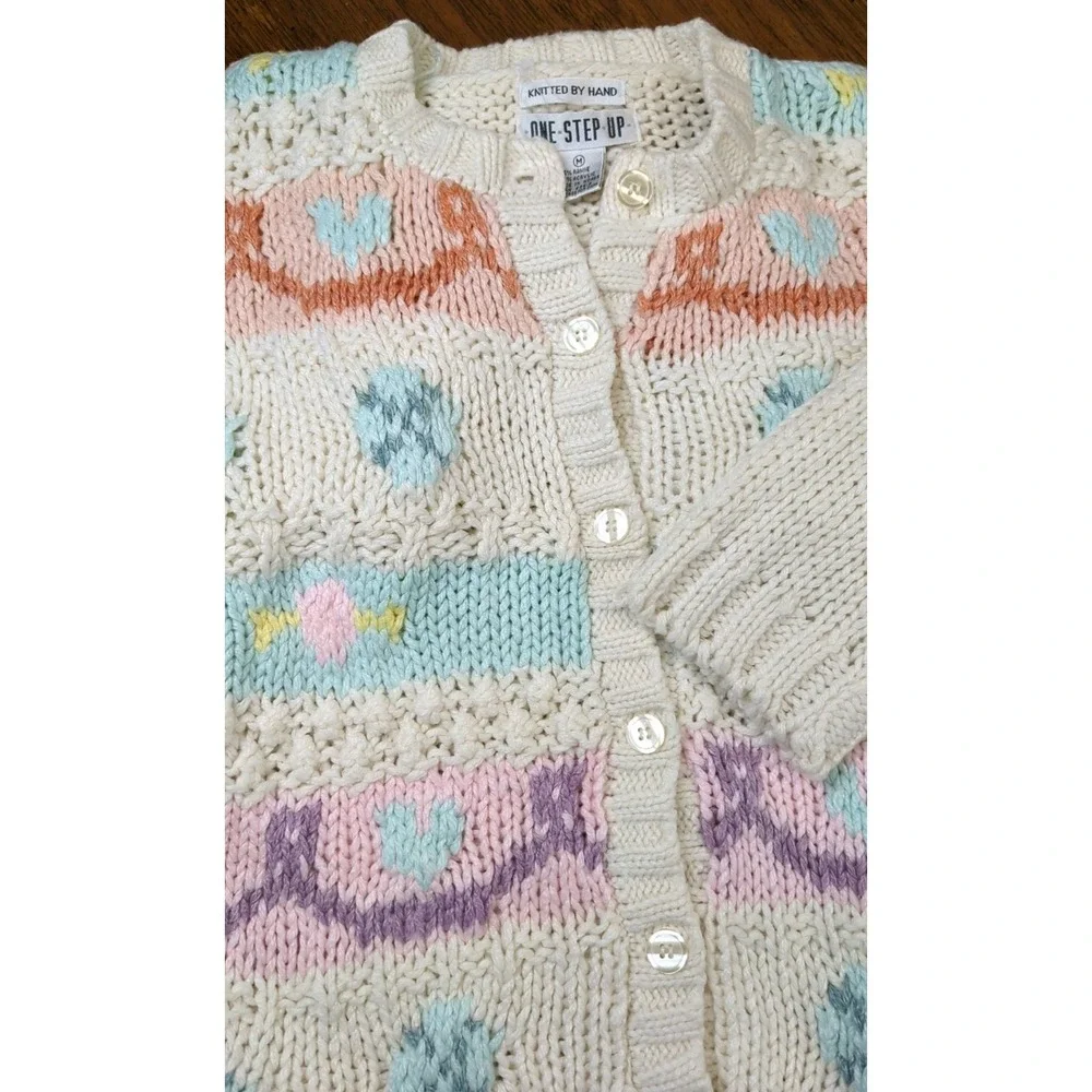One Step Up Cardigan Sweater Sz MED Hand Knit Pastels Hearts Chunky Cable Knit - Picture 13 of 13